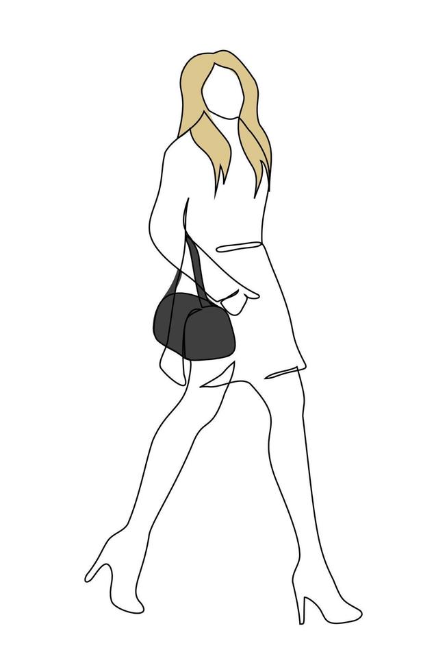 femme pleine longueur marche dans un manteau, portant des lunettes à talons hauts et avec un petit sac à main - un dessin au trait. femme fashionista marchant vecteur