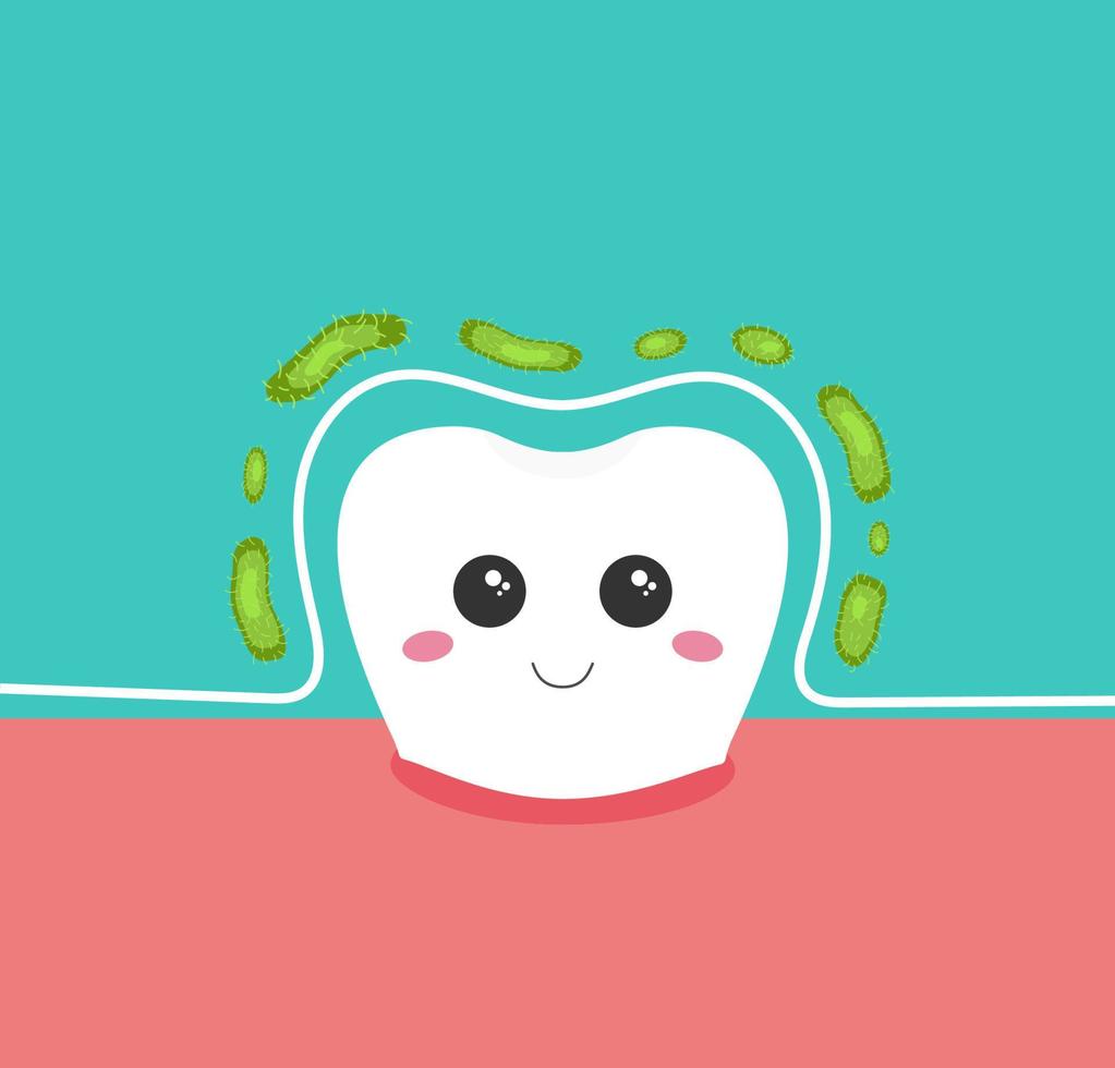 bonne dent mignonne souriante protégée des bactéries autour. l'illustration peut être utilisée dans une clinique de stomatologie, comme une affiche ou une impression. vecteur