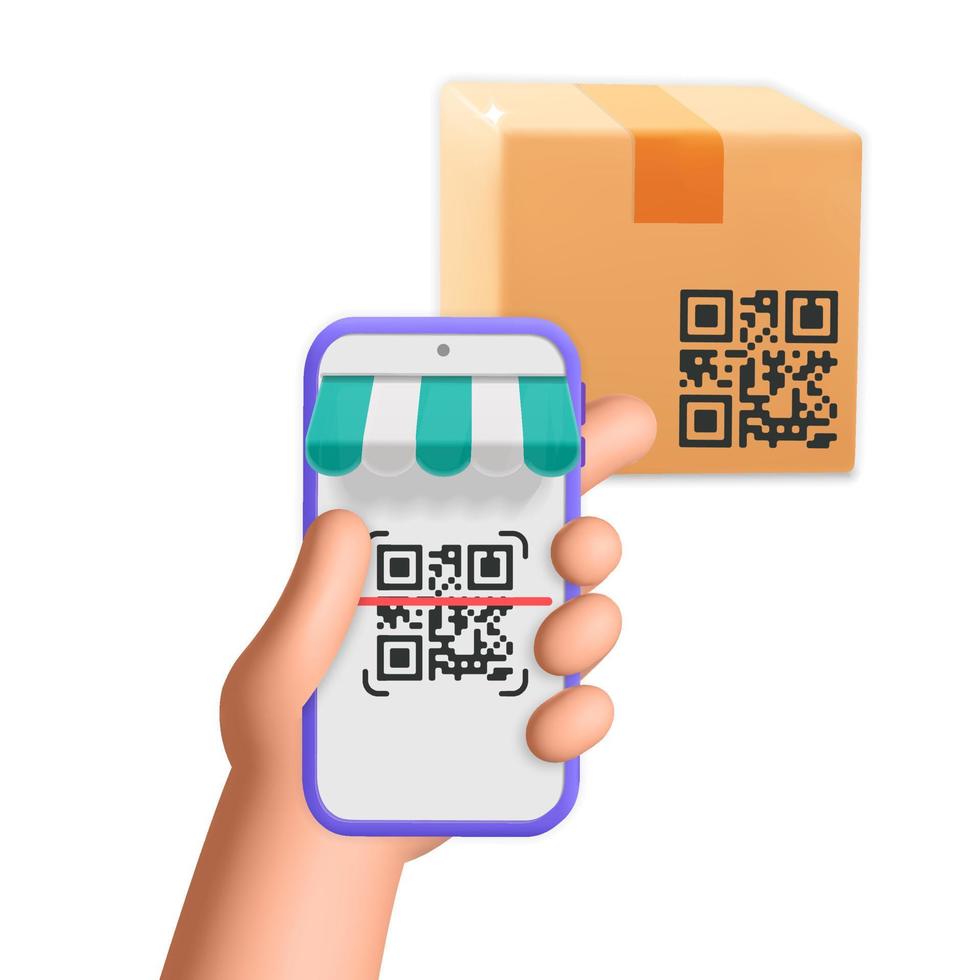 3d vecteur main scannant le code qr avec le service d'application mobile sur smartphone à partir de la conception de modèle de paquet de boîte de colis de livraison