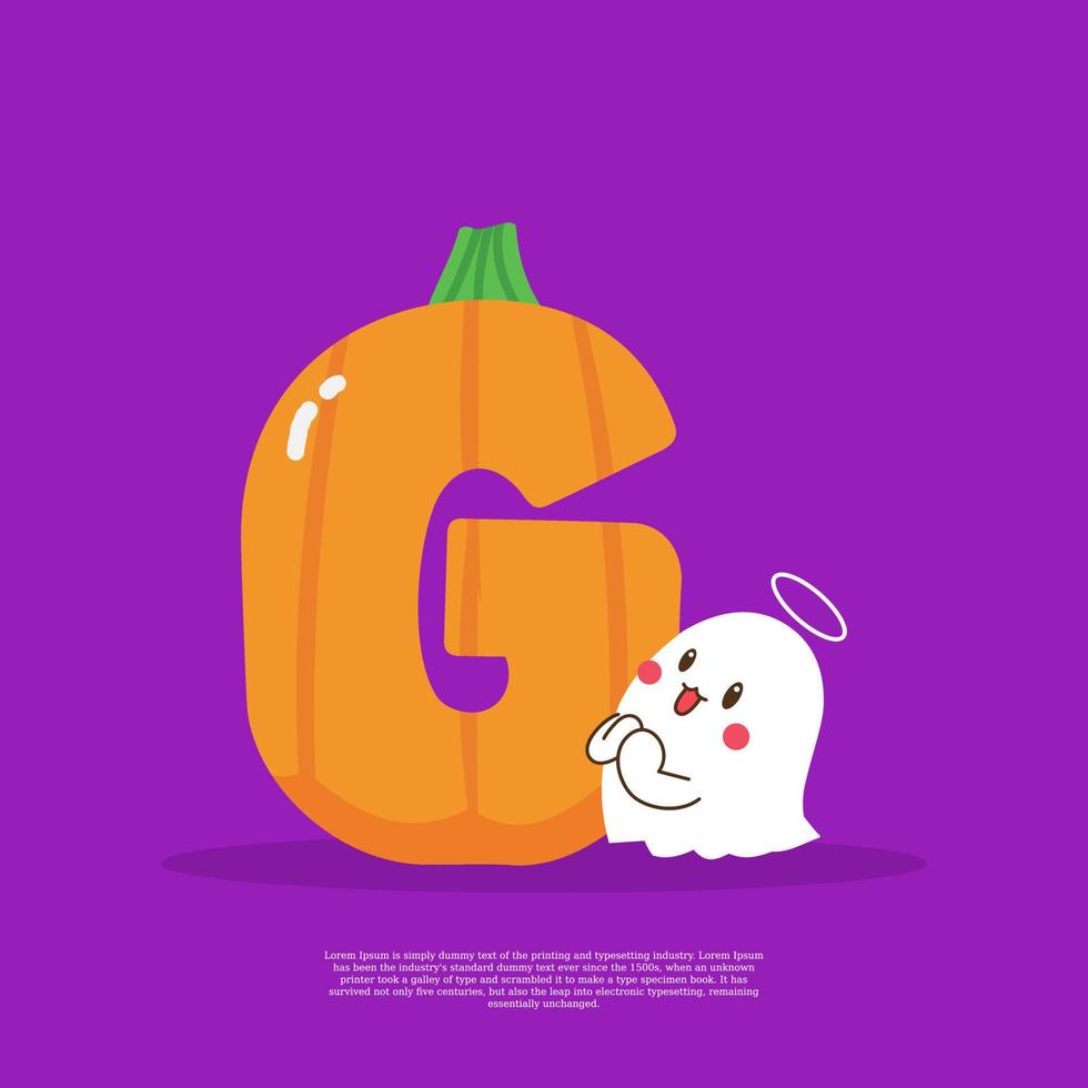 citrouille plus lettre g avec un joli autocollant emoji fantôme à côté de l'illustration vectorielle. vecteur