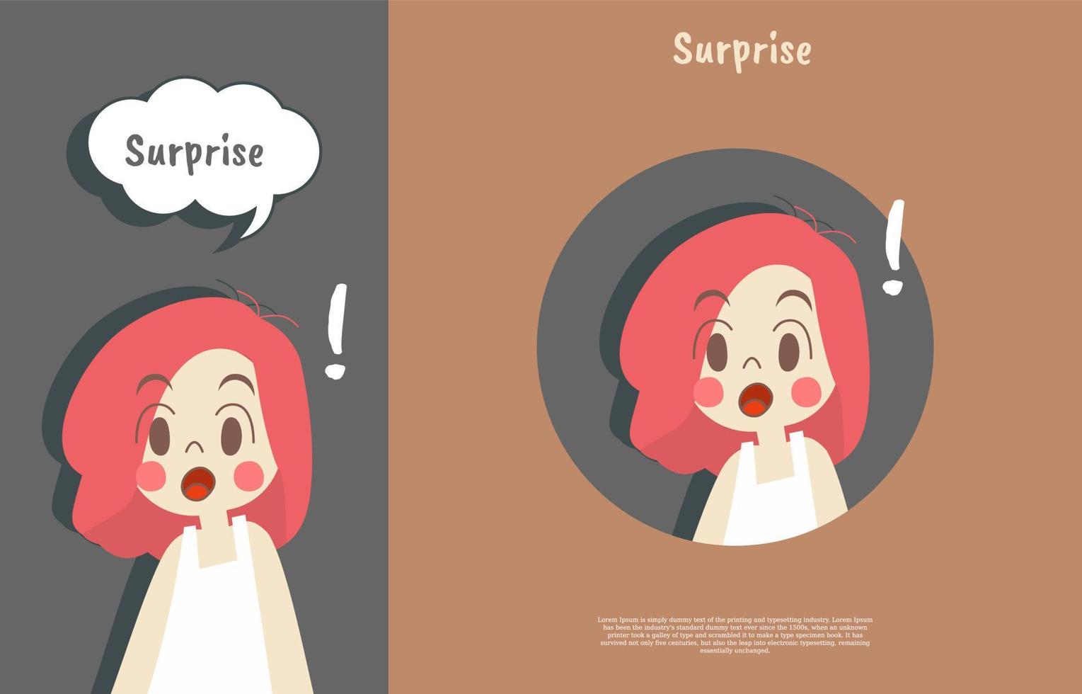 expressions de surprise de visage mignon avec des noms. fond d'écran de téléphone et illustration de design plat autocollant vecteur