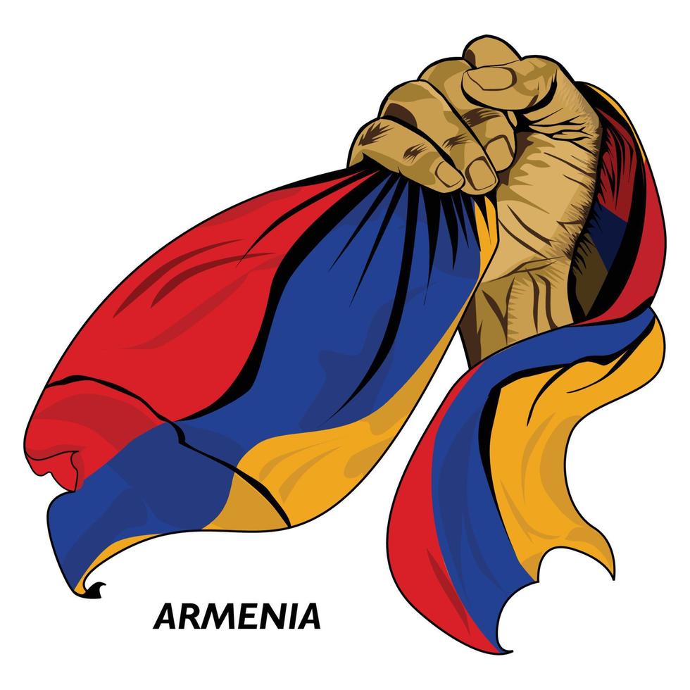 main poing tenant le drapeau arménien. illustration vectorielle de la main levée et saisissant le drapeau. drapeau drapé autour de la main. format eps vecteur