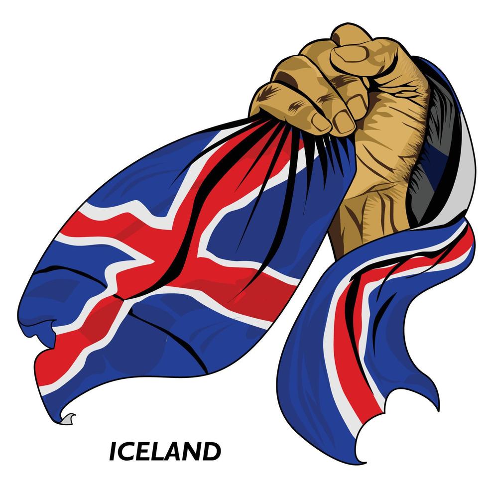 main poing tenant le drapeau islandais. illustration vectorielle de la main levée et saisissant le drapeau islandais. drapeau drapé autour de la main. format eps vecteur