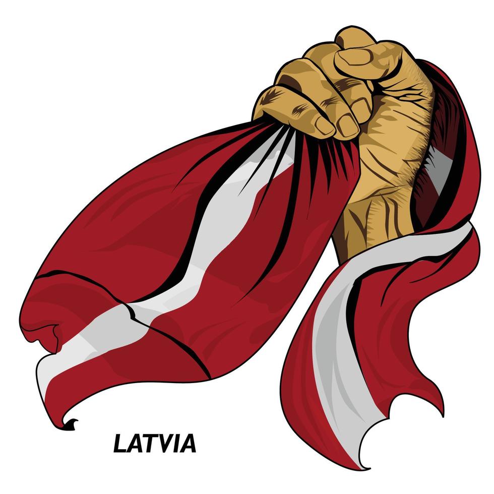 main poing tenant le drapeau letton. illustration vectorielle de la main levée et saisissant le drapeau. drapeau drapé autour de la main. format eps vecteur