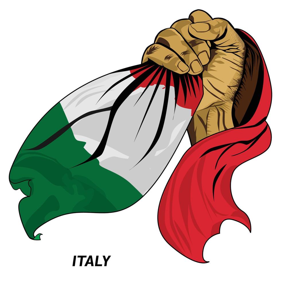 main poing tenant le drapeau italien. illustration vectorielle de la main levée et saisissant le drapeau. drapeau drapé autour de la main. format eps vecteur