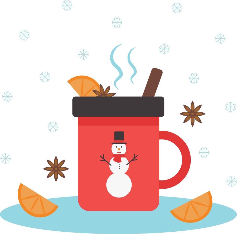 vin chaud avec tranches d'orange, cannelle et anice dans une tasse rouge avec bonhomme de neige isolé sur fond blanc avec des flocons de neige. boisson chaude de saison d'hiver avec des ingrédients. concept de noël et du nouvel an. vecteur