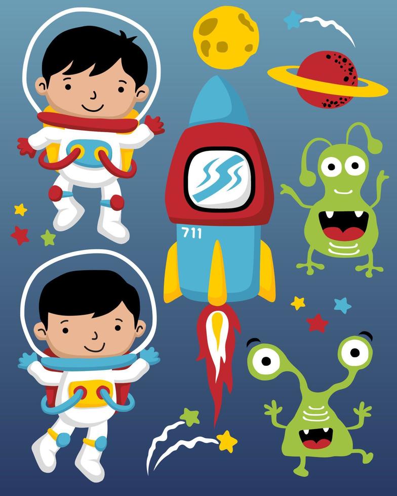 illustration vectorielle de personnages de dessins animés d'astronautes dans l'espace avec des extraterrestres, des vaisseaux spatiaux et des planètes vecteur