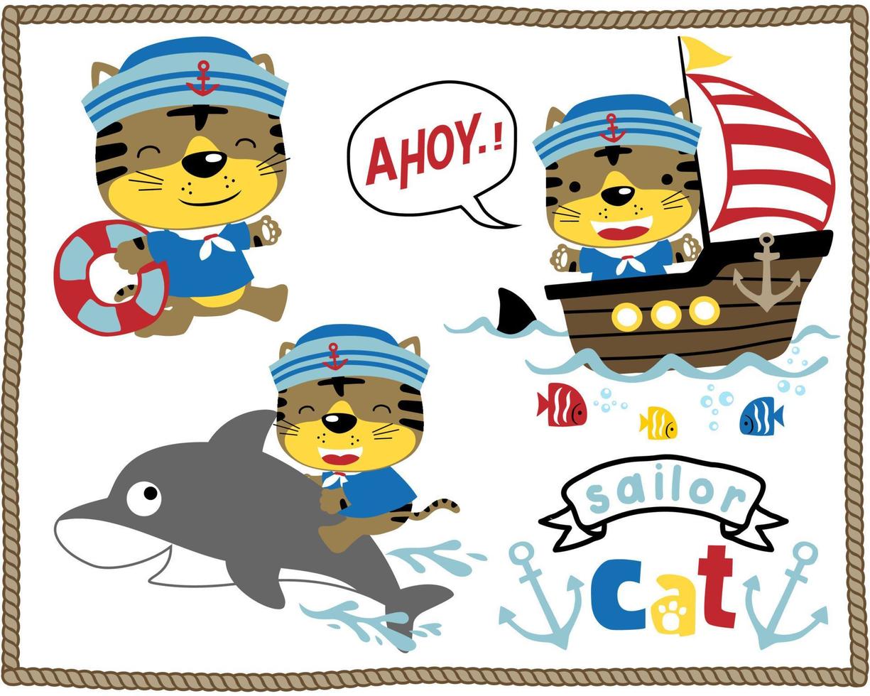 ensemble d'images vectorielles de dessin animé de petit chat en uniforme de marin, animaux marins et voilier, éléments de voile sur la bordure du cadre de la corde vecteur