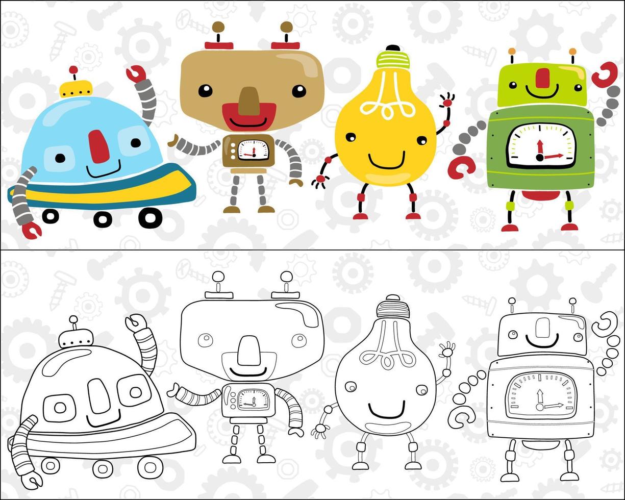 ensemble d'images vectorielles de dessins animés drôles de petits robots sur fond d'écrous, de boulons et d'engrenages, livre de coloriage ou page vecteur