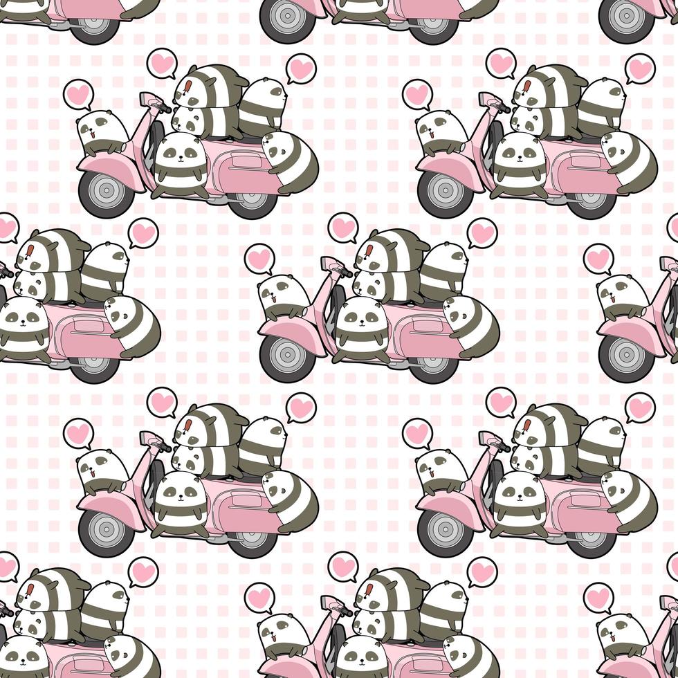 pandas kawaii sans couture et motif de moto rose vecteur