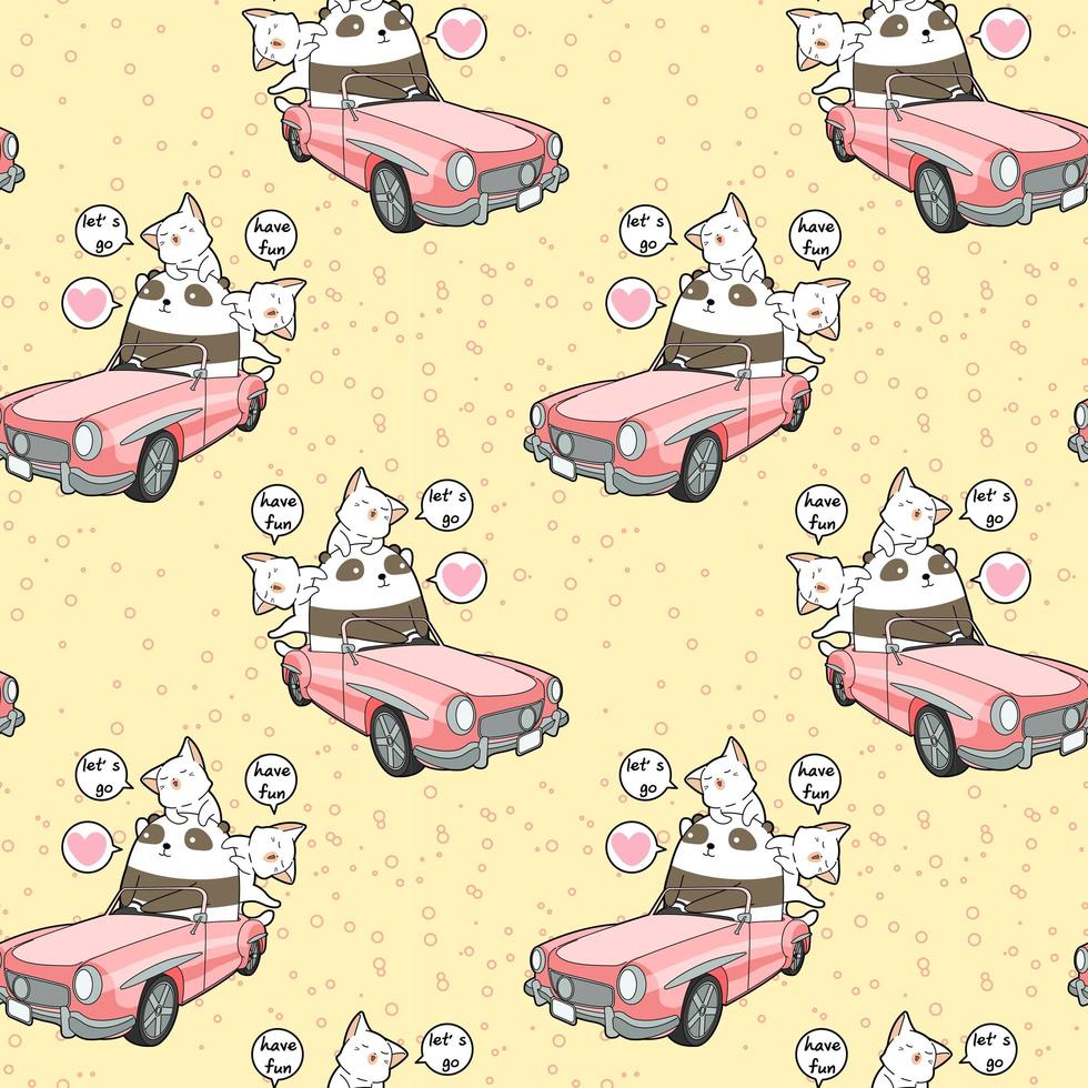 panda kawaii conduisant une voiture rose avec motif de 2 chats vecteur