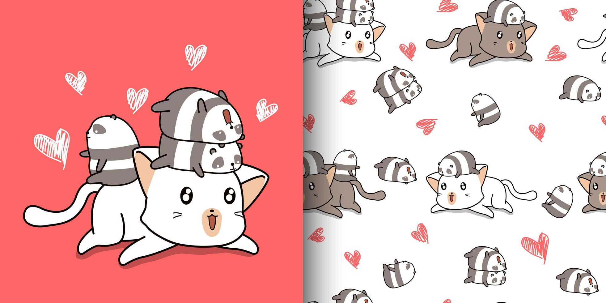 modèle sans couture kawaii gros chat et petits pandas vecteur