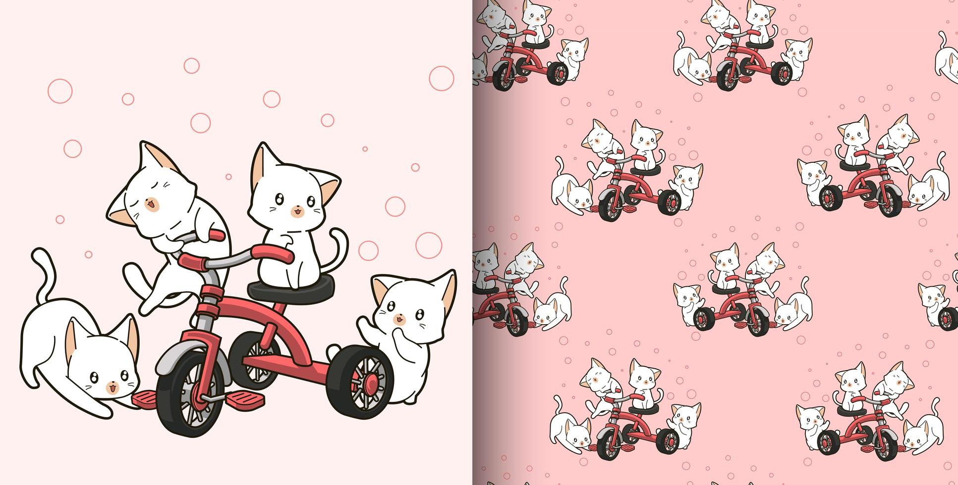 modèle sans couture dessiné main chats kawaii équitation tricycle vecteur