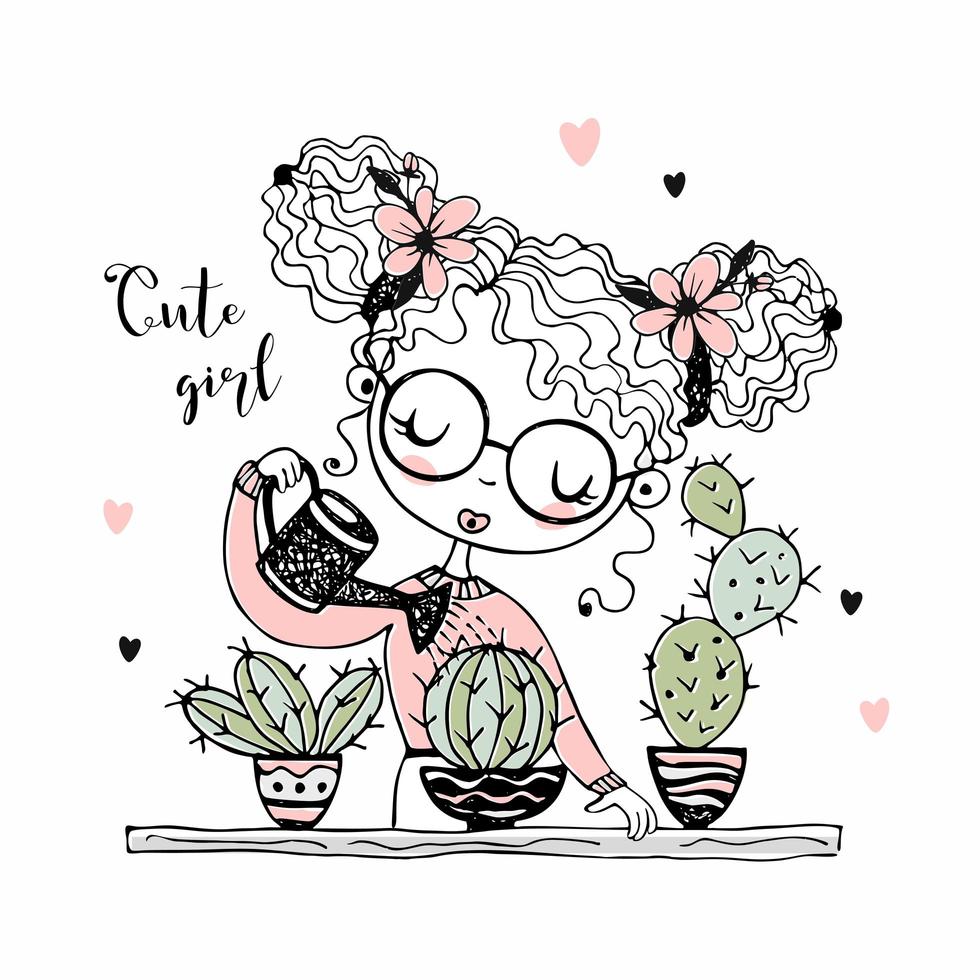 jolie fille arrose les cactus dans des pots vecteur