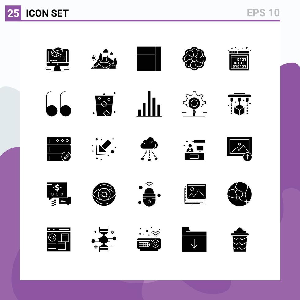 groupe de 25 glyphes solides modernes définis pour les éléments de conception vectoriels modifiables de fleur binaire arbre de code seo vecteur