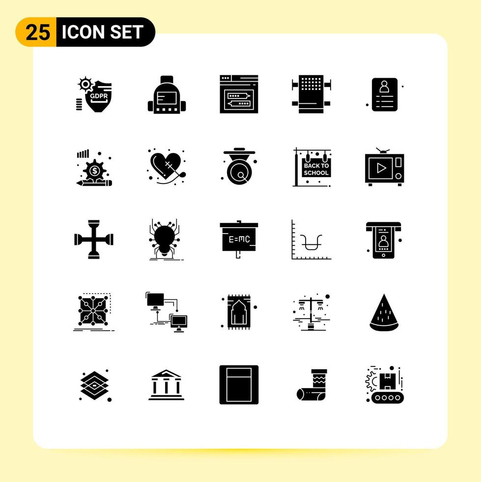 interface mobile glyphe solide ensemble de 25 pictogrammes d'éléments de conception vectoriels modifiables de code de bain internet de salle de cartes vecteur