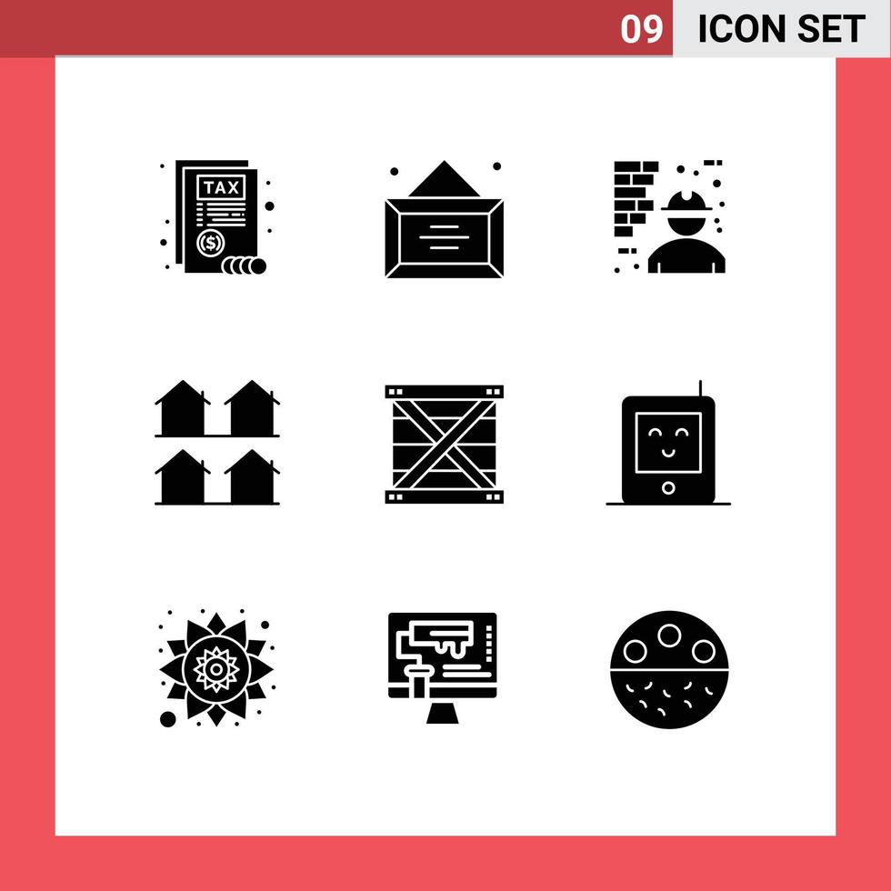 9 ensemble de glyphes solides universels pour les applications web et mobiles boîte de construction de logements éléments de conception vectoriels modifiables de district vecteur