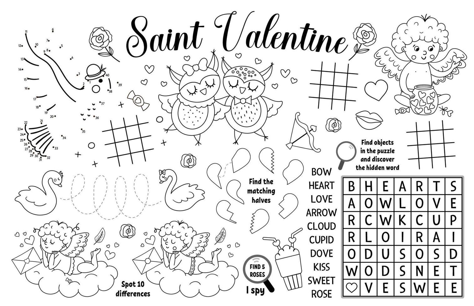 set de table vecteur saint valentin pour les enfants. tapis d'activité imprimable de vacances d'amour avec labyrinthe, tableaux de tic tac toe, reliez les points, trouvez la différence. tapis de jeu noir et blanc ou coloriage