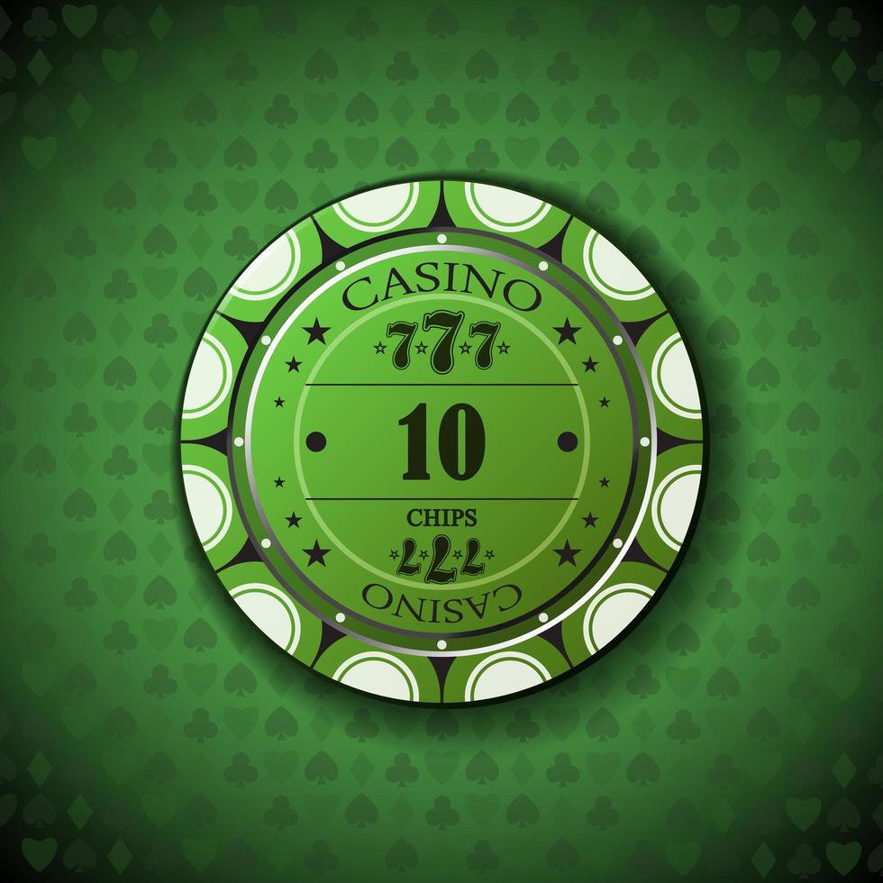 Jeton de poker nominal dix, sur fond de symbole de carte vecteur