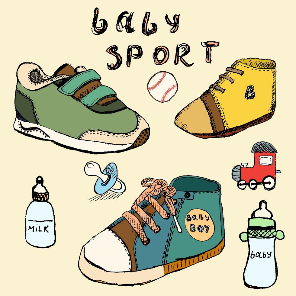 chaussures de bébé ensemble croquis dessinés à la main en couleur vecteur