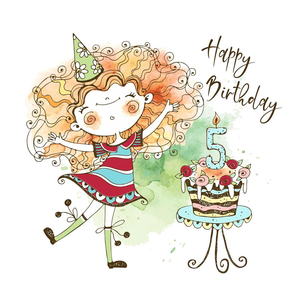 carte d'anniversaire avec une jolie fille rousse et un gros gâteau vecteur
