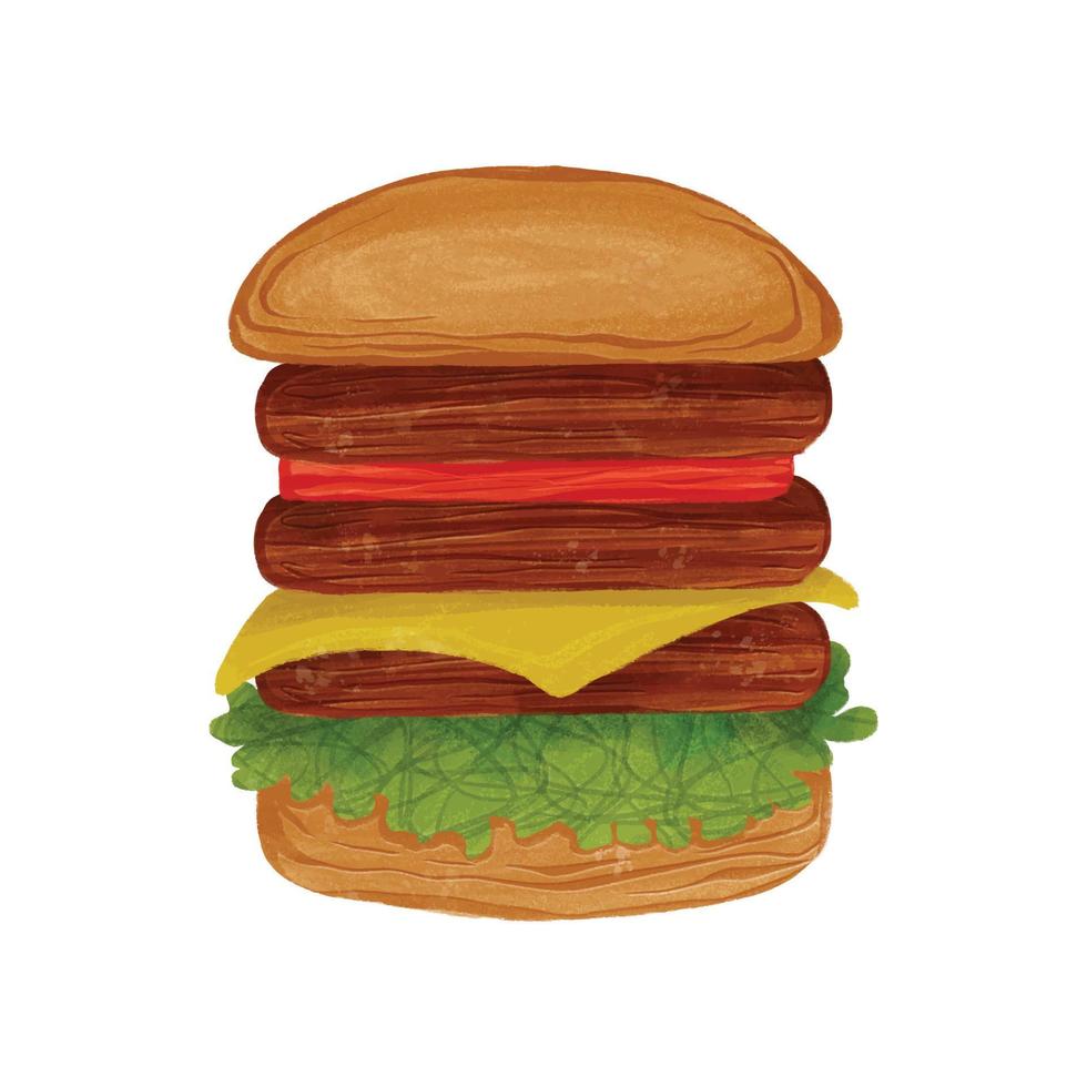 hamburger aquarelle avec graphiques de viande, fromage, laitue et tomates 09 vecteur