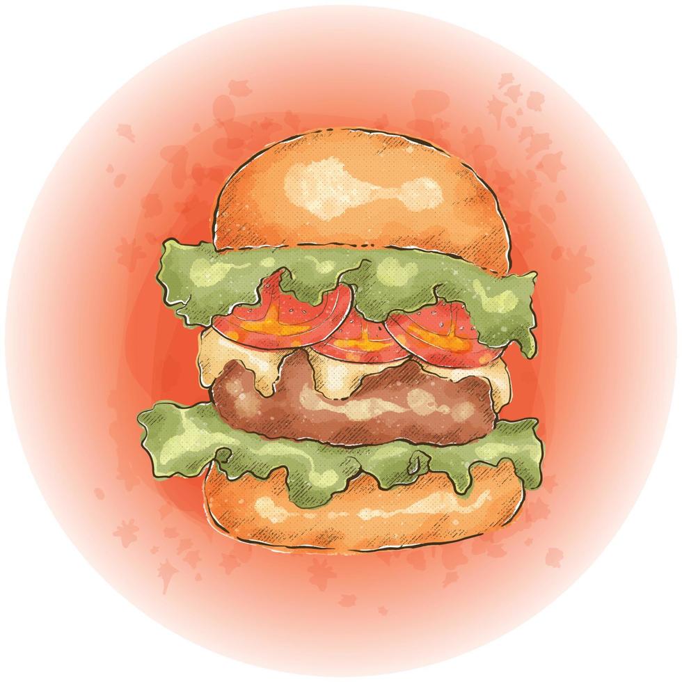 hamburger aquarelle avec graphiques de viande, fromage, laitue et tomates 07 vecteur