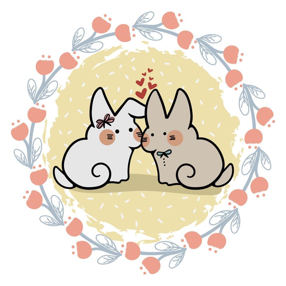 couple lapin avec couronne ronde florale romantique pour la célébration de la saint valentin graphiques vectoriels 06 vecteur