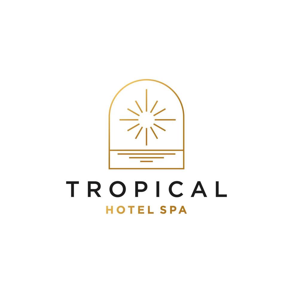 logo soleil, coucher de soleil lever du soleil avec plage océan mer eau logo icône vecteur dans la ligne tendance linéaire, contour abstrait logo vecteur pour hôtel ou spa