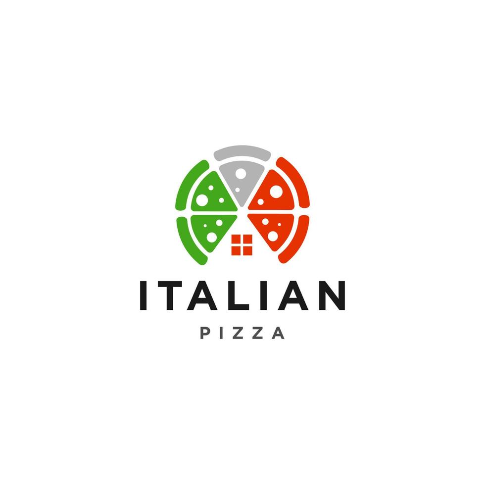 création de logo de pizza avec icône de maison et illustration de couleur du drapeau italien isolée sur fond blanc vecteur