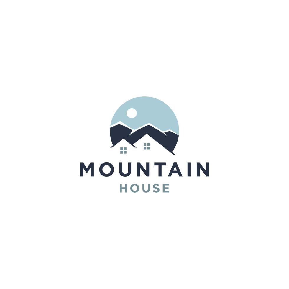 illustration vectorielle de conception de logo de propriété résidentielle de maison de vue de montagne, icône d'hôtel de villa avec le fond de vue de colline vecteur