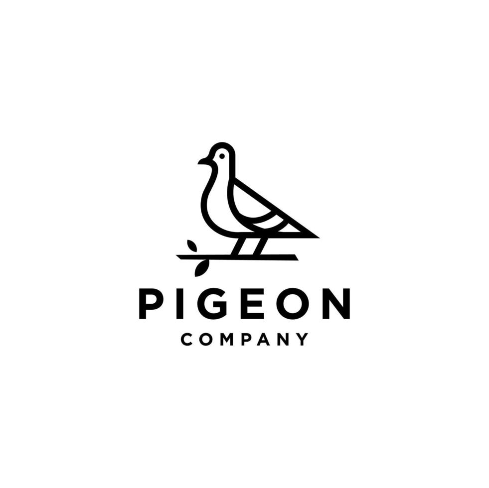 colombe ou pigeon blanc élégant et simple debout sur une icône de logo de branche, dans l'illustration de conception de logo de contour de ligne linéaire à la mode vecteur