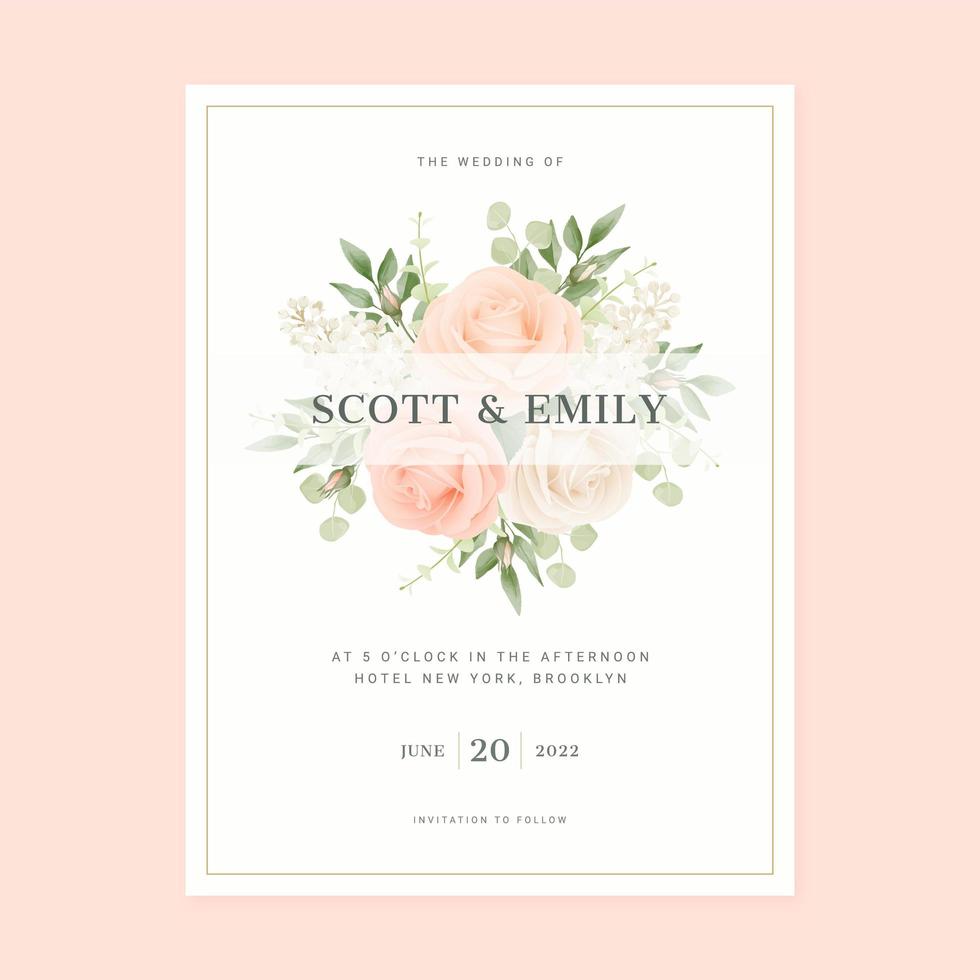 modèle de carte de mariage bouquet de roses blush vecteur