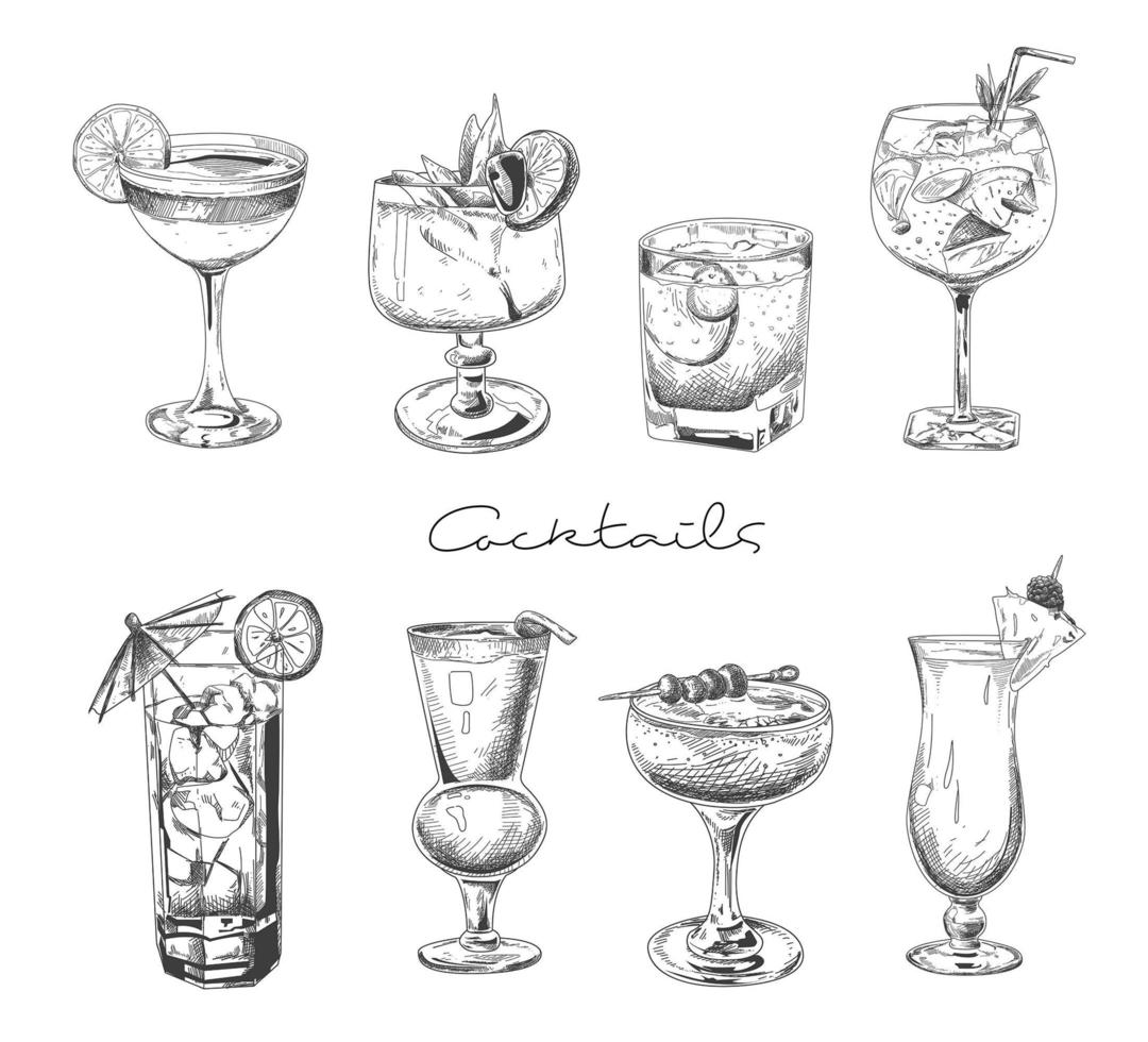 ensemble de cocktails dessinés à la main vecteur