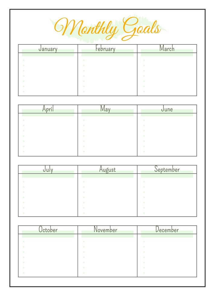 conception de page de planificateur minimaliste des objectifs mensuels annuels vecteur