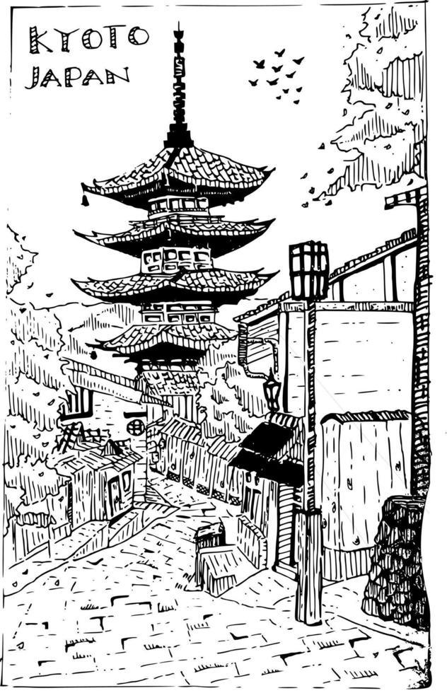 vue de la rue de la scène, illustration. croquis dessiné à la main de kyoto, japon vecteur