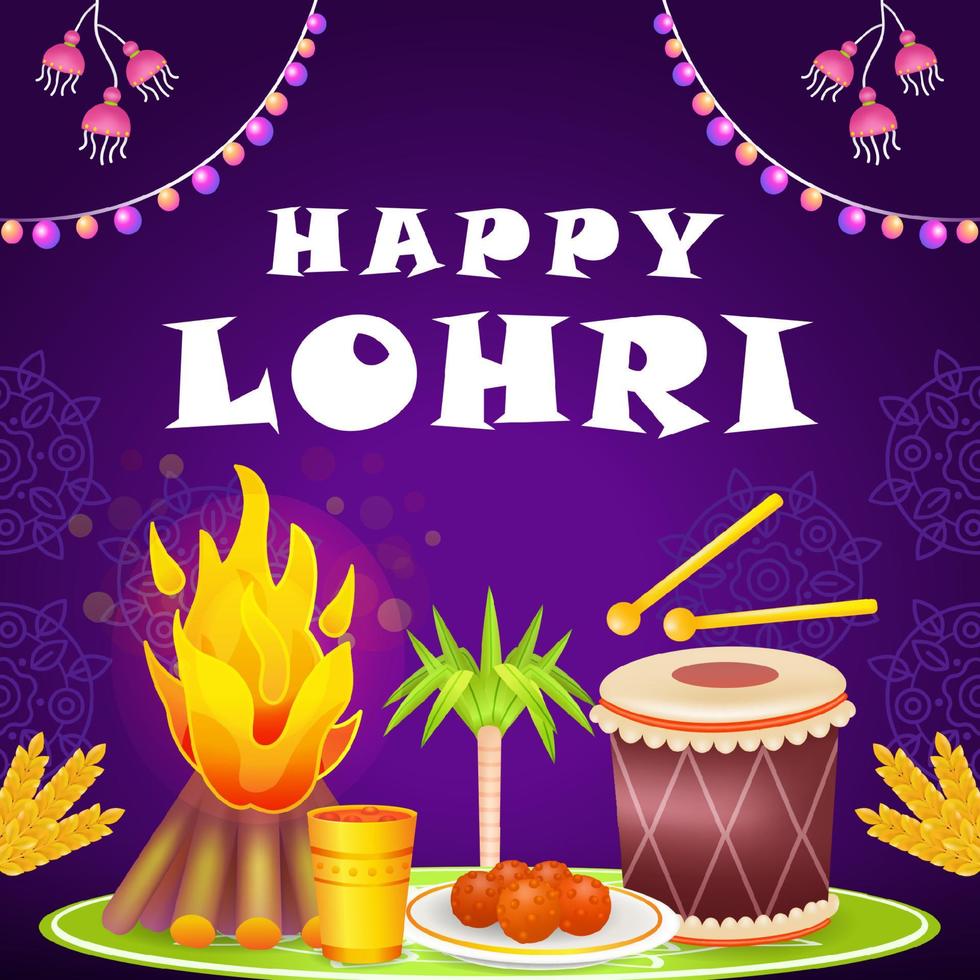 heureux lohri. Illustration 3d du feu de joie, du tambour, de la canne à sucre, de la nourriture et des boissons vecteur