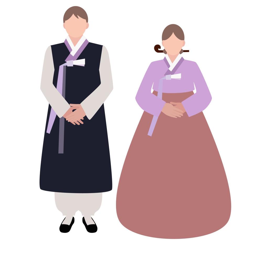 hommes et femmes vêtus de beaux vêtements traditionnels coréens, hanbok. tenues traditionnelles coréennes. vêtements folkloriques coréens. illustration vectorielle dans un style design plat. la conception est simple vecteur