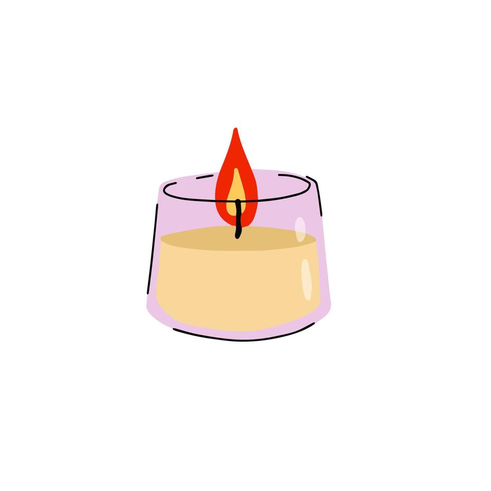 bougies parfumées dans un bocal en verre. flamme romantique et feu en verre décoratif. dessin animé de griffonnage isolé sur fond blanc vecteur