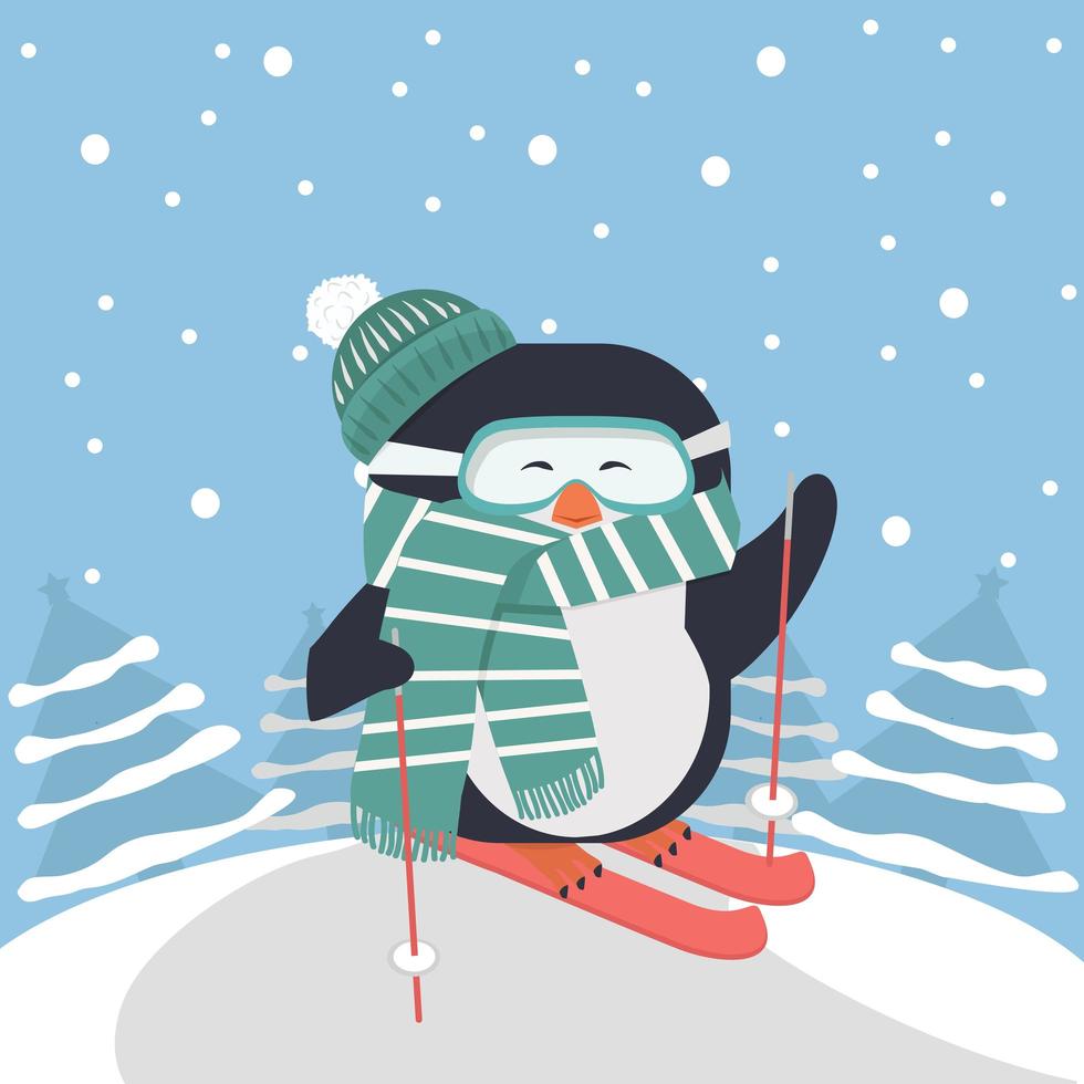 ski pingouin mignon avec fond d'arbre vecteur