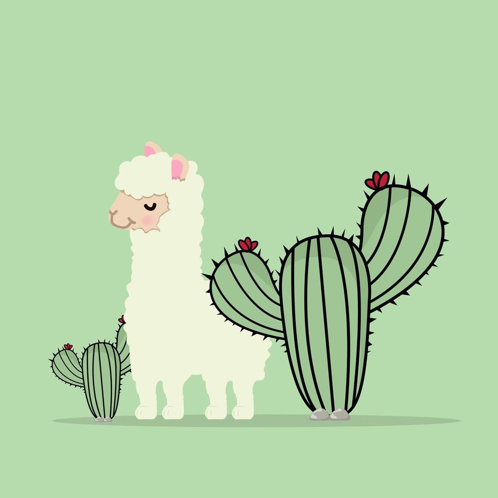 adorable lama alpaga avec cactus vecteur