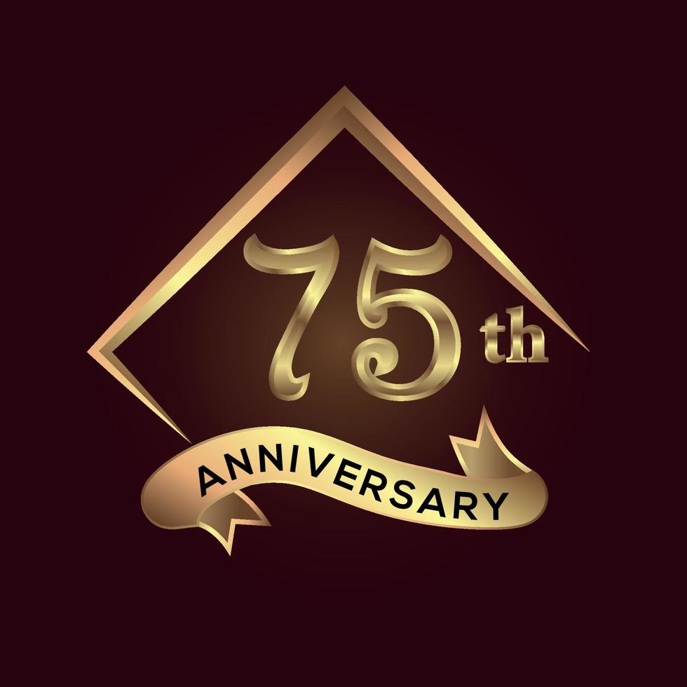 Célébration du 75e anniversaire. logo anniversaire avec carré et élégance couleur dorée isolé sur fond rouge, création vectorielle pour la célébration, carte d'invitation et carte de voeux vecteur