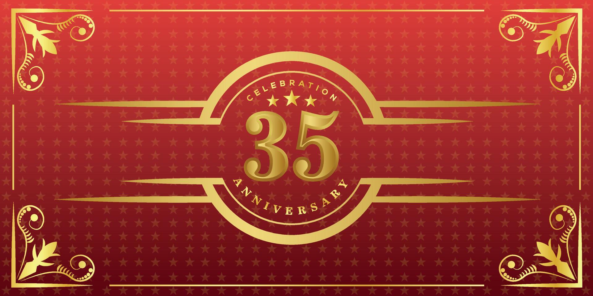 Logo du 35e anniversaire avec anneau doré, confettis et bordure dorée isolés sur fond rouge élégant, éclat, création vectorielle pour carte de voeux et carte d'invitation vecteur