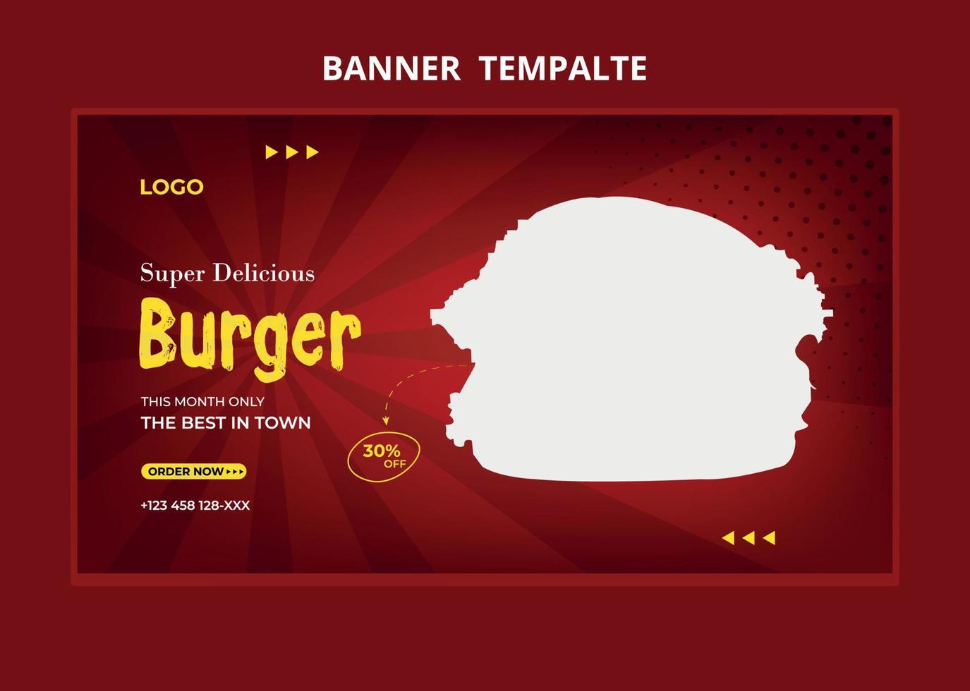 bannière web de marketing de médias sociaux de menu de nourriture de restaurant. vignette vidéo de promotion de vente en ligne de pizza, burger ou hamburger. fond de site de restauration rapide. flyer alimentaire avec logo et icône de l'entreprise. vecteur