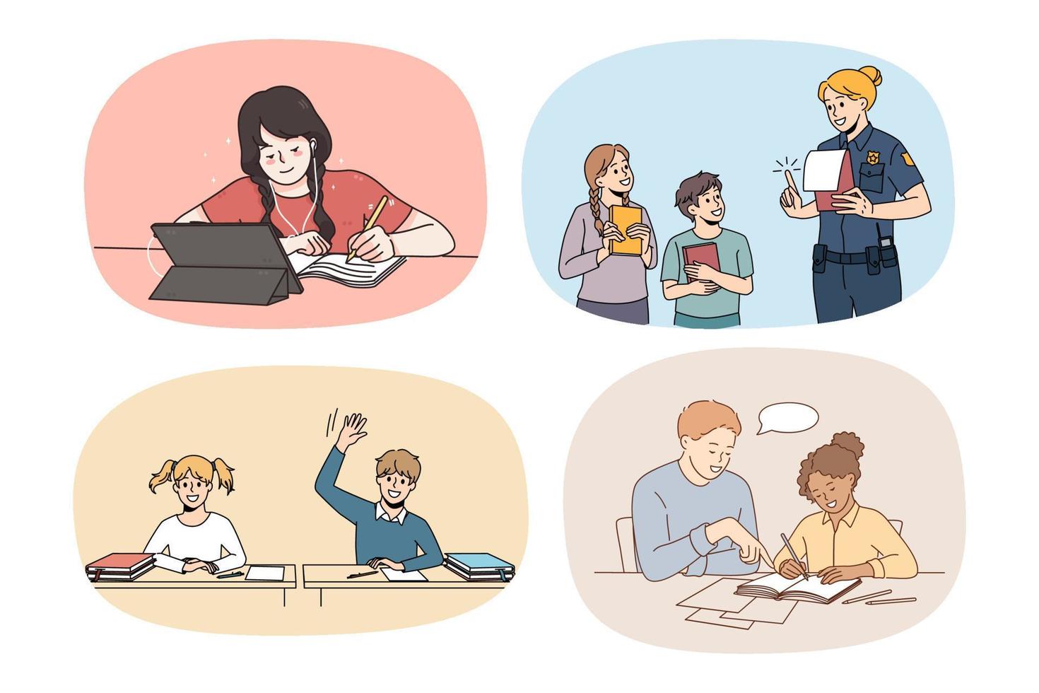 collection de petits adolescents étudient en ligne à la maison pendant le verrouillage. ensemble d'adolescents apprenant sur des gadgets en quarantaine à l'intérieur. concept d'éducation à distance. illustration vectorielle plane. vecteur