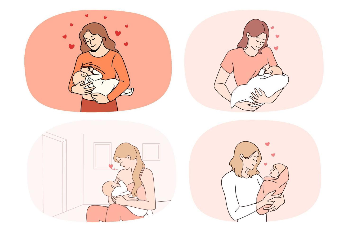 collection de jeune mère attentionnée heureuse avec petit bébé dans les mains. ensemble de maman aimante souriante avec nouveau-né excité par la maternité. parentalité et maternité. illustration vectorielle. vecteur