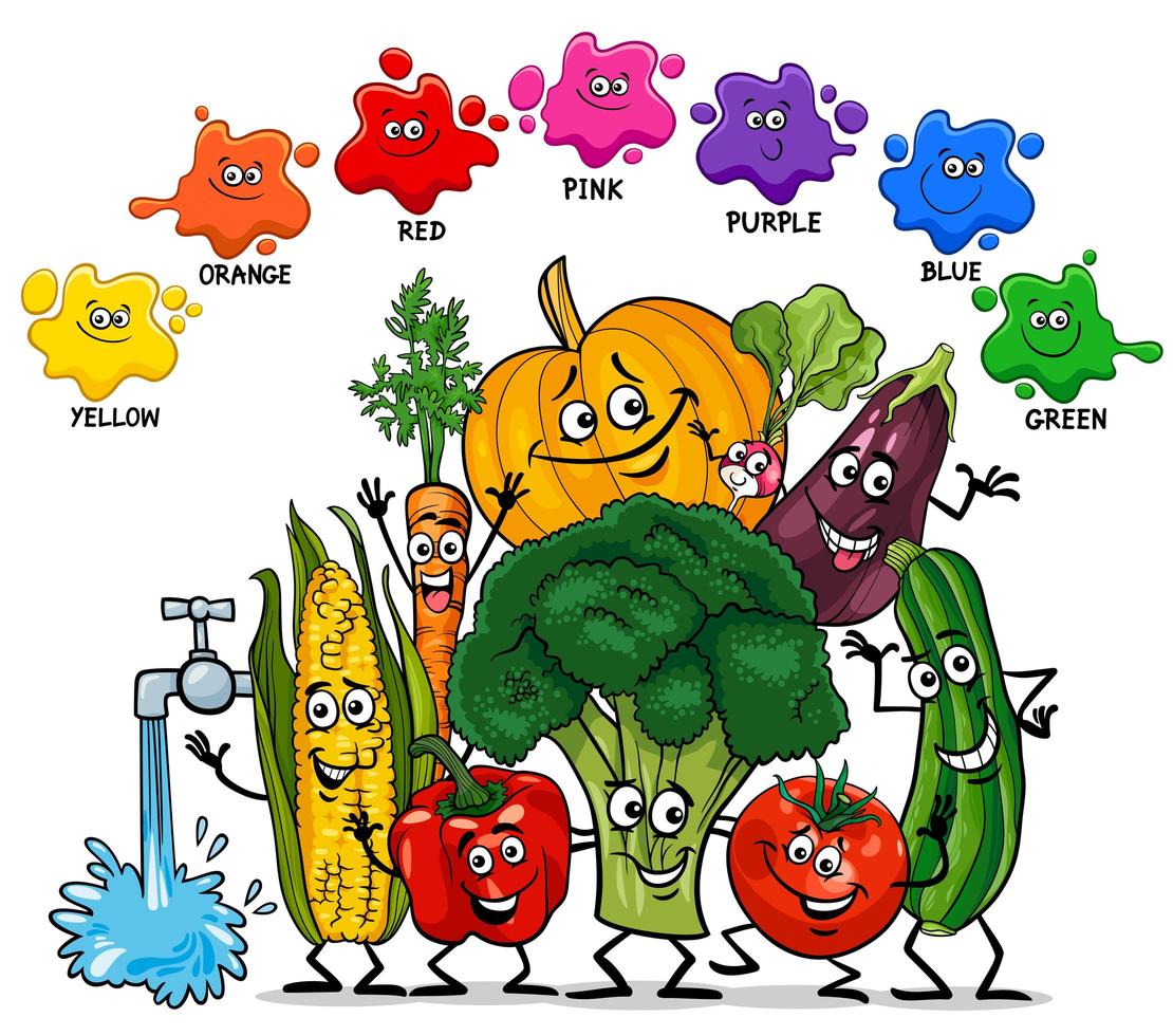 couleurs de base avec groupe de caractères légumes vecteur