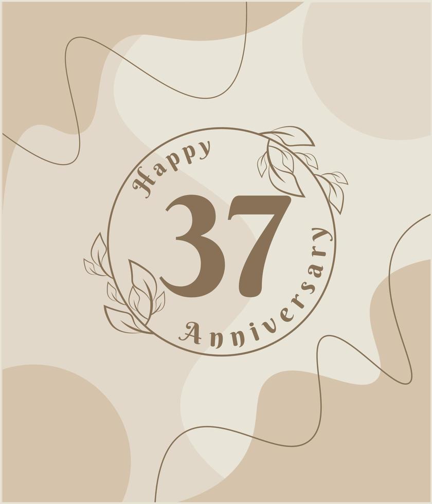 37e anniversaire, logo minimaliste. illustration vectorielle marron sur la conception de modèle de feuillage minimaliste, feuilles dessin à l'encre d'art en ligne avec arrière-plan abstrait vintage. vecteur