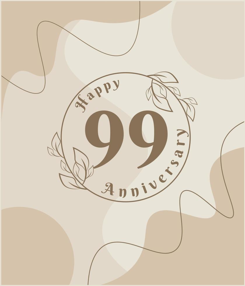99e anniversaire, logo minimaliste. illustration vectorielle marron sur la conception de modèle de feuillage minimaliste, feuilles dessin à l'encre d'art en ligne avec fond vintage abstrait. vecteur