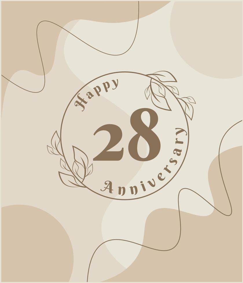 28e anniversaire, logo minimaliste. illustration vectorielle marron sur la conception de modèle de feuillage minimaliste, feuilles dessin à l'encre d'art en ligne avec fond vintage abstrait. vecteur